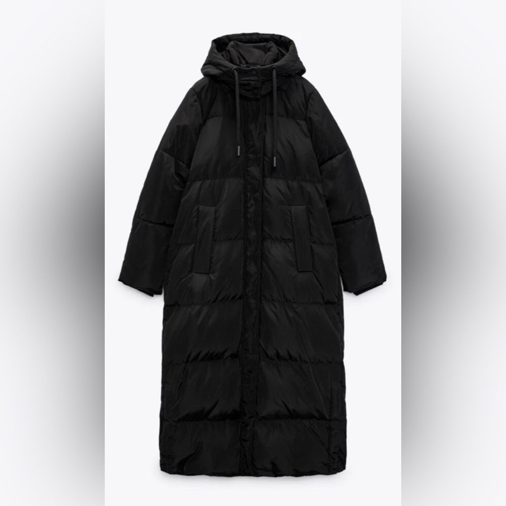 Zara Women's Black Long Down Hooded Puffer Coat - Water/Wind Res - Size: M - Picture 3 of 14